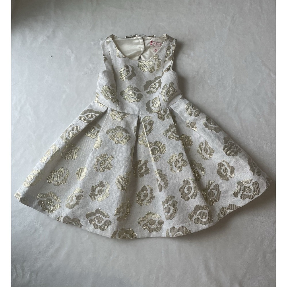 Ruby & Bloom Fancy Gold Roses Cream Pleated Sleeveless 2T Toddler Dress Back Bow